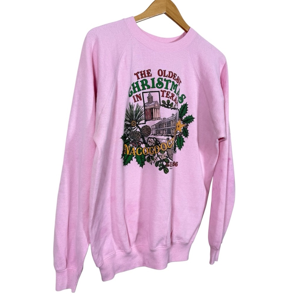 Hanes Women's Pink The Oldest Christmas in Texas Nacodoches 1886 Sweater Sz L - Picture 2 of 8